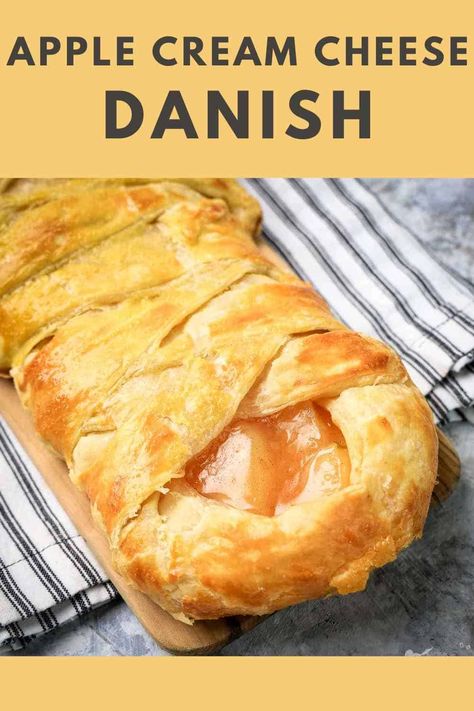 You’ll love this easy to make Homemade Apple Danish. Enjoy it hot from the oven for a warm and delicious fruity baked treat! This recipe uses puff pastry to create a flaky shell and combines cream cheese and apple pie filling for a sweet and creamy inside. You’ll love eating this danish for a holiday breakfast or any special occasion brunch! #appledanish #homemadeappledanish #puffpastryappledanish #dizzybusyandhungry Apple Cheese Danish Recipe, Apple Danish Puff Pastry, Crescent Roll Apple Danish, Danish Recipe Puff Pastry, Apple And Cream Cheese Danish, Cream Cheese Breakfast Danish, Quick Brunch Recipes, Apple Danish, Apple Cream Cheese