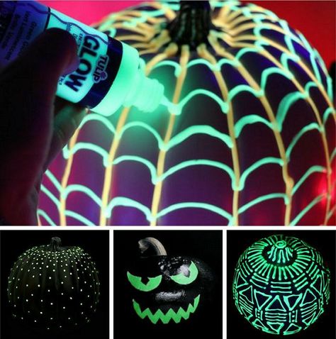 Alternative To Carving Pumpkins, Pumpkin Spider Decorating, Glow In The Dark Painted Pumpkins, Glow In The Dark Pumpkin Painting, Pumpkin Decorating Ideas No Carve, Pumpkin Carving Alternatives, Glow In The Dark Pumpkins, No Carve Pumpkin Ideas, No Carve Pumpkin Decorating Ideas