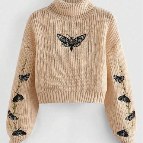 ROMWE Goth Embroidered Turtleneck Sweater With... - Depop Embroidered Turtleneck, Moth Design, Fabric Collars, Khaki Color, Butterfly Pattern, Cropped Style, Clothing Size Chart, Womens Clothing Sizes, Lantern Sleeves