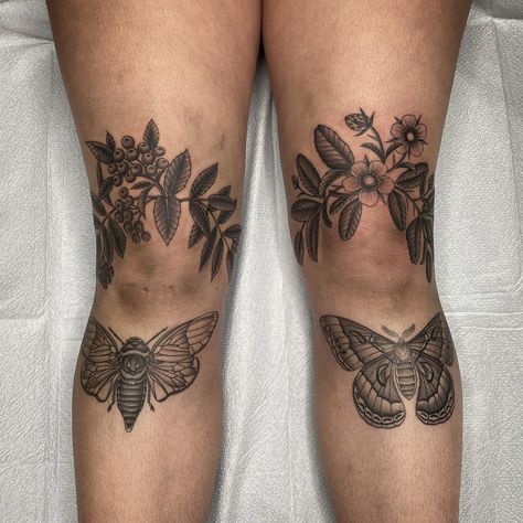 Ash Timlin on Instagram: “Kyanah! Thanks for toughing out both botanical pieces today. Mountain Ash (Dogberry) and strawberries to accompany her healed insects.…” Inner Knee Tattoos Women, Over Knee Tattoo, Tattoo Ideas Geometric, Over The Knee Tattoo, Knee Tattoo Ideas, The Knee Tattoo, Knee Tattoos, Shin Tattoo, Insect Tattoo