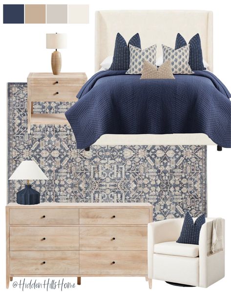 Blue Cream Bedroom, Navy Room Decor, Tilly Upholstered Bed, Blue And Cream Bedroom, Navy Bedrooms, Neutral Bedroom Decor, Beige Bedroom, Beige Bed, Bedroom Decor Inspiration