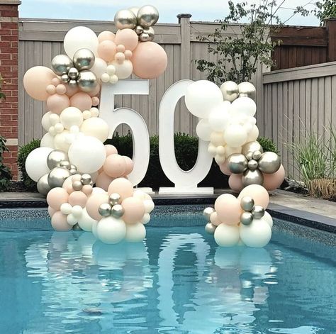 50th Beach Party Ideas, 50th Birthday Pool Party Ideas, Nude Decor, 50th Birthday Balloons, Birthday Pool Party, Mothers Birthday, Bday Pics, 50th Bday, 85th Birthday