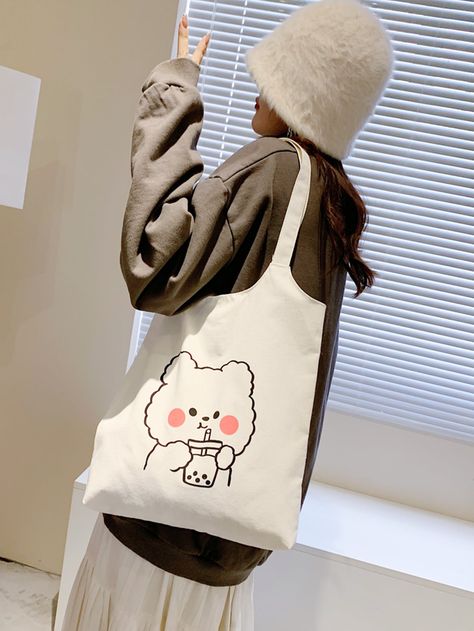 White Preppy   Canvas Cartoon Shopper Bag    Women Bags White Cartoon Bag With Cute Design, White Kawaii Canvas Bag As Gift, White Kawaii Canvas Bag For Everyday, Trendy White Bag With Cartoon Print, Canvas Cartoon, Kawaii Cat Design Tote Bag, Stylish School Bags, Cartoon Bag, Shopping Totes