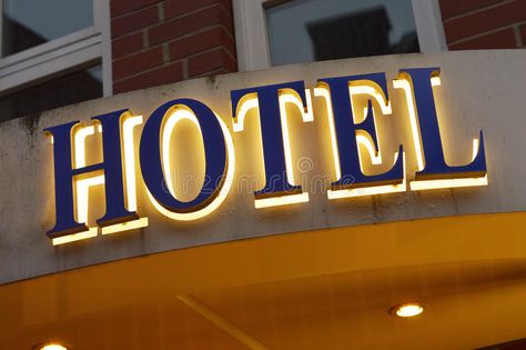 Hotel sign. Illuminated hotel sign taken at dusk , #AD, #sign, #Hotel, #Illuminated, #dusk, #hotel #ad Hotel Sign, Hotel Logo, Billboard Design, 3d Letters, Dress Inspo, Stock Photography Free, Tennis Ball, Design Background, Hotel Spa