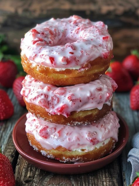 Plain Donuts, Strawberry Donut, Yummy Comfort Food, Sweet Snacks Recipes, Food Drinks Dessert, Creamy Cheesecake, Fresh Strawberries, Strawberry Cheesecake, Strawberry Recipes