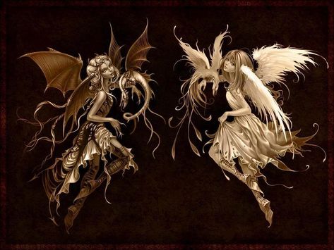 Gemini Press | Gemini and the Split Personality Angel Y Diablo, Evil Fairy, Fairy Wallpaper, Fairy Images, Dark Angels, Angel Wallpaper, Ange Demon, Fairy Pictures, Fairy Tattoo