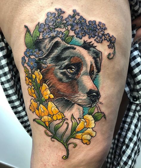 @gabriele_maldini Australian Shepherd Tattoo, Shepherd Tattoo, Puppy Tattoo, Puppy School, Australian Shepherd Dogs, Herding Dogs, New Traditional, Dog Pin, Dog Tattoos