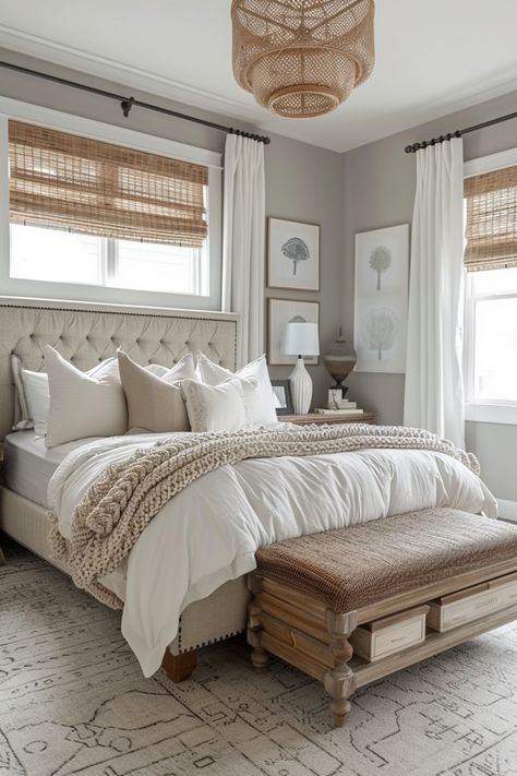 Cozy bedroom with a woven chandelier, tufted bed, neutral bedding, and a wooden bench at the foot. Natural light filters through bamboo shades. Chic Farmhouse Bedroom Ideas, Cozy Farmhouse Bedroom, Modern Guest Bedroom, Farmhouse Guest Bedroom, Hardwood Bedroom Floors, Farmhouse Bedroom Ideas, Best Bedroom Designs, Farmhouse Bedroom Decor Ideas, Neutral Bedroom Decor