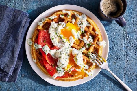 Basil-and-Corn Cornmeal Waffles Cornmeal Waffles, Banana Waffles, Fluffy Waffles, Crispy Waffle, Easter Brunch Food, Belgian Waffles, Mothers Day Brunch, Corn Recipes, Waffle Recipes