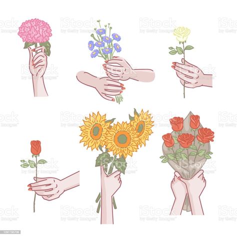 Hand Holding Flower Drawing Reference, Holding Flower Bouquet, Hand Holding Flower, Hand Holding Something, Hand Holding Rose, Rose In Hand, Flower Bouquet Drawing, Rose Reference, Hands Holding Flowers