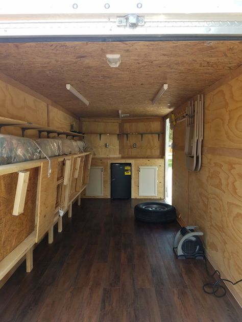 Hunting camp cargo conversion with toy storage. Toyhauler Remodel, Enclosed Trailer Cabinets, Van Camper Conversion, Trailer Shelving, Utility Trailer Camper, Hunting Trailer, Cargo Camper, Enclosed Trailer Camper, Camping Gear Storage