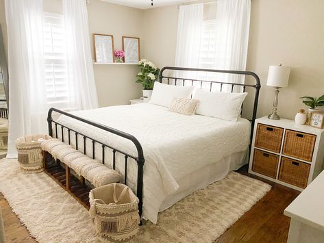 Farmhouse Boho Guest Bedroom, Boho Room With Metal Bed, Ikea Farmhouse Bedroom, Black Metal Bed Boho Bedroom, Black Iron Bed Frame Bedroom, Black Metal Bed Boho, Modern Farmhouse Bedroom Bedding & Blankets, Farmhouse Boho Bedroom Beds & Bed Frames, Farm Room