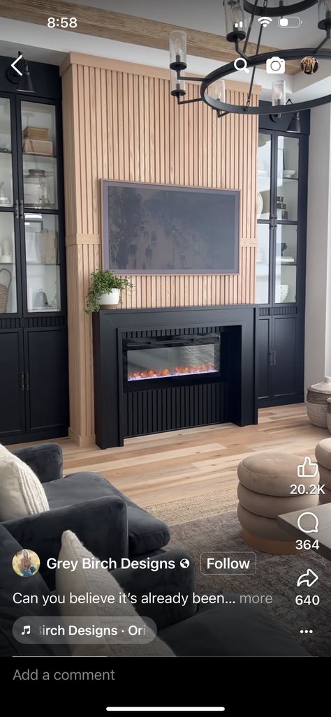 Wood Slat Fireplace, Slat Fireplace, Wood Fireplace Surrounds, Fireplace Tile Surround, Shiplap Fireplace, Living Room Decor Fireplace, Living Room Entertainment, Modern Farmhouse Living Room, Fireplace Remodel