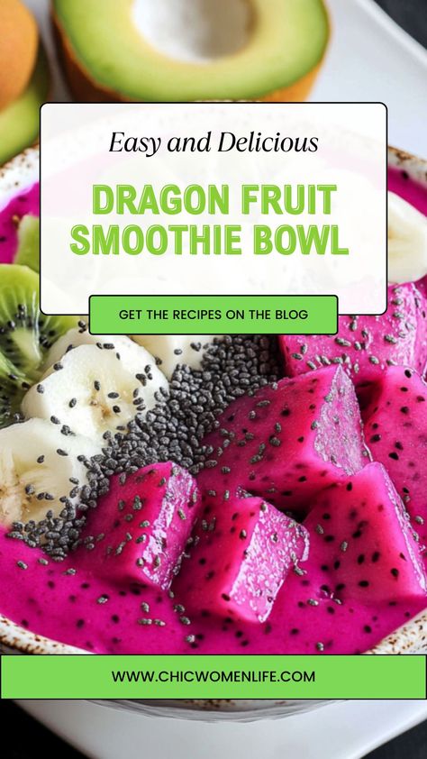 Dragon Fruit Smoothie Bowl Dragon Fruit Breakfast, Fruit Smoothie Bowl, Dragon Fruit Smoothie Bowl, Dessert Quotes, Pink Dragon Fruit, Dragon Fruit Smoothie, Tropical Food, Smoothie Bowl Recipe, Fruit Breakfast