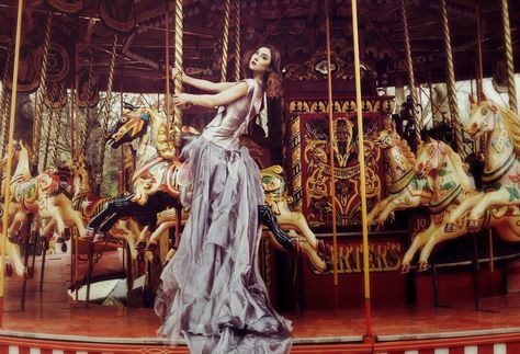 Photographer: Valeria Higgins Wardrobe: David Ross Makeup: Sandra Nilsen Model: Roxanne Eva Carousel Photoshoot, Dark Beauty Magazine, Night Circus, Carousel Horse, Carousel Horses, Merry Go Round, Shooting Photo, Photoshoot Photography, Fashion Photography Editorial