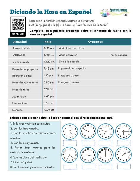 Telling Time In Spanish, Spanish Teacher Classroom, Time In Spanish, Spanish Learning Activities, Spanish Practice, Spanish Classroom Activities, Spanish Worksheets, High School Spanish, Spanish Teaching Resources