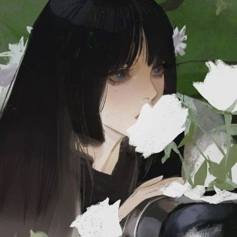 Long Black Hair, Long Black, A Girl, Black Hair, Flowers, Green, Hair, Anime, White