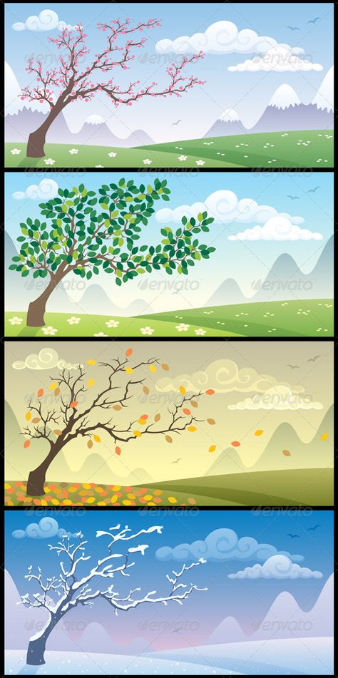 Horizontal Illustration, Four Seasons Art, Fall Field, Cartoon Landscape, Illustration Landscape, Background Cartoon, Christmas Tree Background, Seasons Art, The Four Seasons