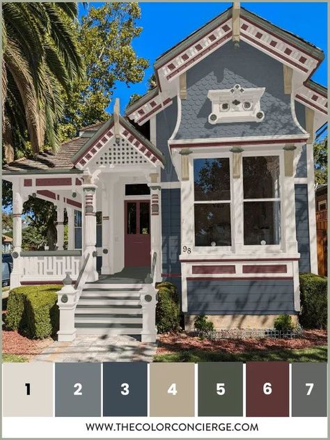 Historic homes, especially Victorians, often come with many unique architectural details that can be enhanced with the right exterior paint colors. That is the case in the project we’re featuring today – a gorgeous Victorian home in Florida. Find 4 gorgeous exterior home palettes in today's post. #exteriorhome #exteriorpaint #exteriorpalette #exteriorpaintpalette #homeexterior victorian home paint color schemes, exterior paint schemes, paint color schemes Universal Khaki Color Scheme, Victorian Farmhouse Exterior, Victorian Home Exterior, Victorian House Colors, Egret White, Exterior Gray Paint, Exterior Paint Schemes, Victorian Homes Exterior, Victorian Exterior