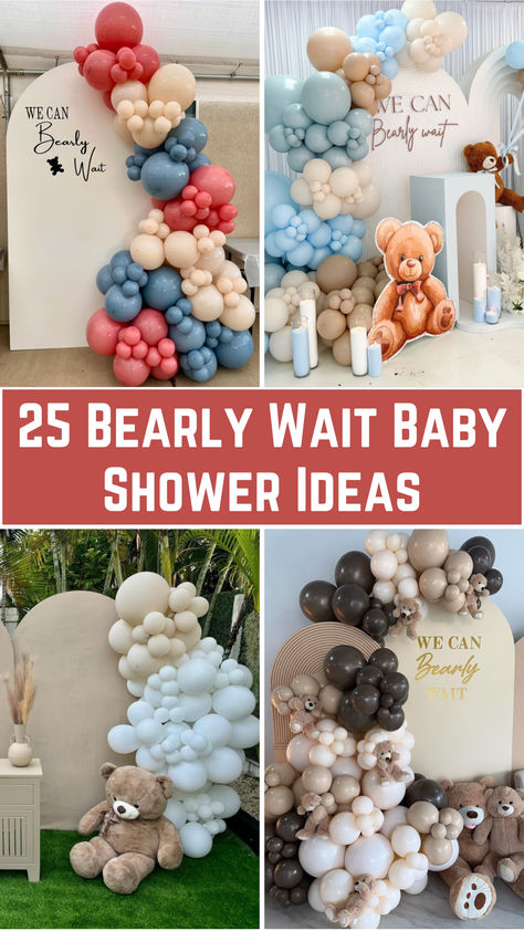 Image of a baby shower setup with 'Bearly Wait' theme: teddy bear-shaped cookies, a bear-themed cake, cute bear party decorations, and gift table with stuffed animals. Can Barely Wait Baby Shower Theme, Simple Baby Shower Ideas At Home, Bearly Wait Baby Shower Ideas, Shower Foods, We Can Bearly Wait, Themed Decorations, Bearly Wait, Simple Baby Shower, Shower Inspiration