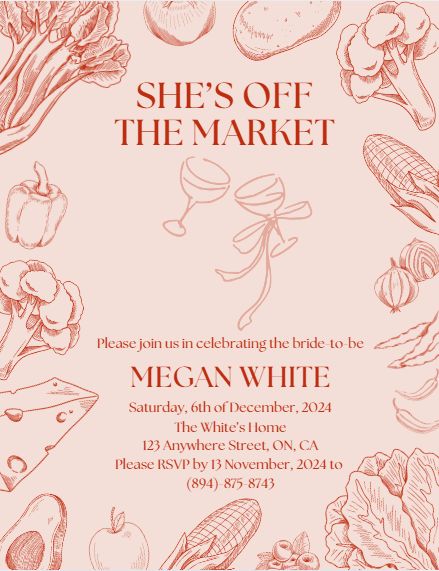 invitation, she's off the market, market bridal shower, bridal shower, market theme, red and white, modern invitation Bridal Shower Theme February, Megan White, Modern Bridal Shower, Modern Invitation, Modern Bridal, Bridal Shower Theme, Bridal Shower Invitation, White Houses, Bridal Shower Invitations