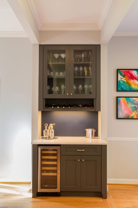 Wentworth Cabinets With Wine Storage, Narrow Wine Bar Ideas, Custom Built In Bars For Home, Fridge In Dining Area, Dining Area Storage Ideas, Narrow Dry Bar, Dining Area Storage Cabinet, Combination Coffee And Wine Bar, Built Ins With Wine Fridge