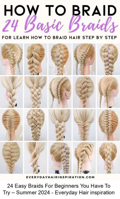 If you are a beginner at braids and don't really know which one you want to learn or which braids exist, then in this post I'm showing you 24 different braids you can try out! You will learn everything from basic braids to french and dutch braids to more unique braids such as infinity braids How To Braid Your Own Hair Step By Step, Easy Braided Hairstyles On Yourself, Easy Braided Hairstyles For Beginners, Braiding Guide, French And Dutch Braids, How To Braid Your Own Hair For Beginners, Different Kinds Of Braids, Easy Braids To Do On Yourself, Dutch Infinity Braid