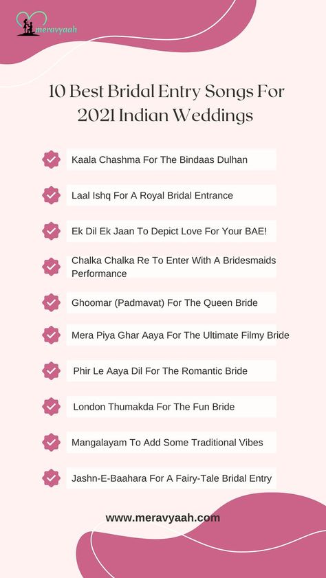 Wedding Songs List Template, Entry Songs For Bride, Sangeet Dance Songs List, Bridal Entry Songs Indian, Indian Wedding Songs List, Sangeet Songs Bollywood List, Bridal Entry Ideas Indian Unique, Bride Entry Songs, Wedding Essentials Checklist