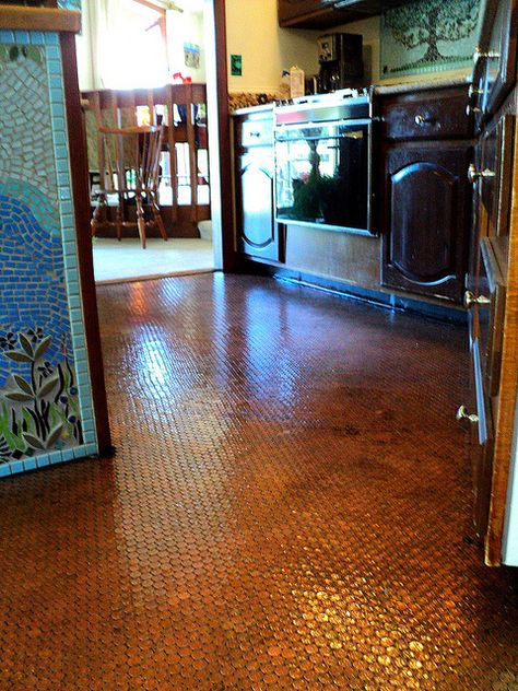 Saw this kitchen floor made by mosaic artist Amanda Edwards using pennies. I was actually thinking of using this for a backsplash  - hometalk Coin Floor, Penny Floors, Penny Tiles, Penny Mosaic, Penny Tile Floors, Penny Floor, Floor Mosaic, Tiled Floor, Herringbone Backsplash