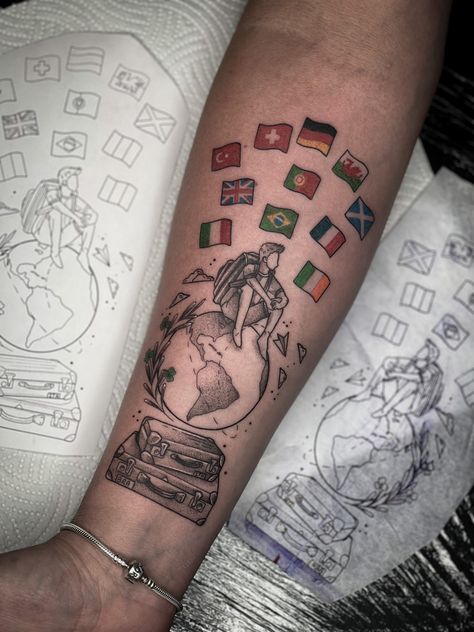 How many flags would your tattoo have? ⁠ ⁠ A gorgeous tattoo by @rafa.inkreligion here at 15 Wellington Quay for our very traveled friend 🌍️⁠ ⁠ #TheInkFactory #Inked #Tattoo #Art #Ink #Ireland #Dublin #VisitIreland #TempleBar #Design Tattooed Cymru Am Byth Tattoo, South Korea Tattoo Ideas, Landmark Tattoo, Ecuador Tattoo, Dublin Tattoo, World Travel Tattoos, A Small Tattoo, Korea Tattoo, Ireland Tattoo