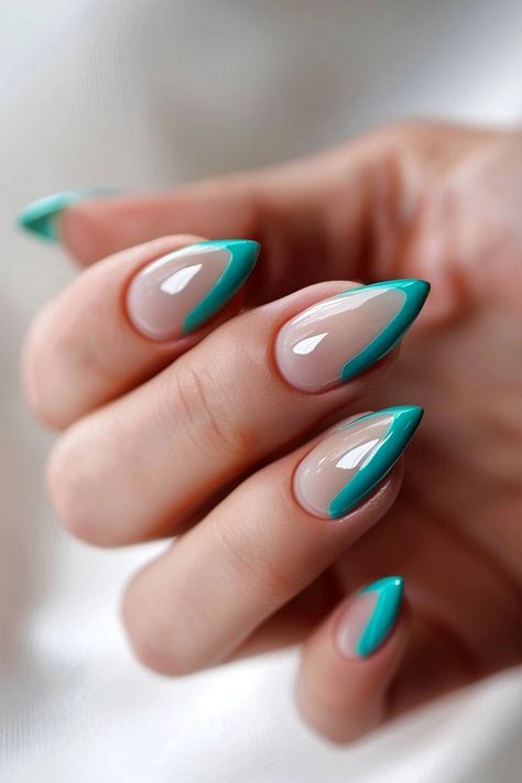 Teal Gradient Nails, Teal French Tip Nails, French Tip Nails With Design, Coral Nails With Design, Teal Nail Designs, Colored French Tips, Nails With Design, Glitter French Tips, Purple Tips