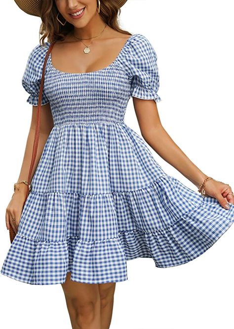 Dokuritu Women's Summer Lantern Sleeve Square Neck Dress Off Shoulder Open Back Cute Babydoll A-line Vintage Mini Dress (DeepBluePlaid,M) at Amazon Women’s Clothing store Spring Gingham Plaid Dress With Square Neck, Cute Gingham Square Neck Dress, Gingham Square Neck Sundress, Blue Square Neck Smocked Summer Dress, Cotton Gingham Mini Dress With Square Neck, Dress Beach Outfit, Beach Outfit For Women, Vintage Mini Dress, Pink Gingham Dress