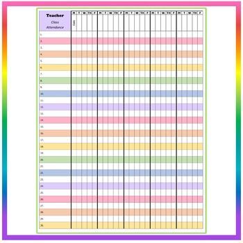 A colorful and easy-to-use attendance sheet that can be customized to fit your needs. Perfect for tracking student attendance in a classroom Classroom Attendance Chart, Student Attendance Sheet, Attendance List, Computer Organization, Grade Book Template, Classroom Attendance, Homeschool Room Design, Attendance Chart, Payroll Template