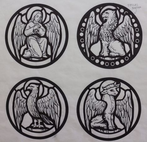 The cartoons (full size drawings) for the symbols of the apostles are completed. The Four Evangelists See if you can match up the symbol with each of the other 12 apostles! A petal from the original rose window in The Victory of the Lamb from St. Francis and the design... 4 Gospels Symbols, Four Evangelists Symbols, 4 Evangelists Symbols, St Ignatius Of Loyola Drawing, Catholic Symbols Clip Art, Crucifix Art, Catholic Symbols, Catholic Stained Glass Windows, Catholic Church Stained Glass