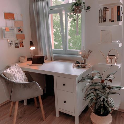 Small Cosy Office, Small Desk Room Ideas, Work Space In Bedroom Desk Areas, Working Desk In Bedroom Corner, Desk Looking Out Window, Desk By A Window, Small Home Office With Window, Desk By Window Bedroom, Writers Home Office