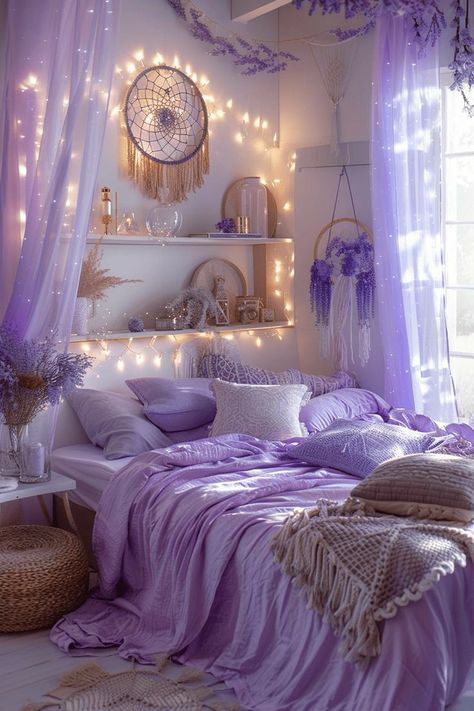 Lavender Boho Bedroom, Lavender Bedroom Ideas, Lavender Bedding, Purple Room Decor, Cottagecore Bedroom, Lavender Room, Bedroom Girl, Purple Room, Dreamy Decor