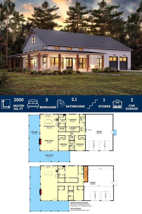 2000 Square Foot 3-Bed Barndominium-Style Farmhouse with Wrap Around Porch Ranch House With Wrap Around Porch, Wrap Around Porch Ideas, Farmhouse With Wrap Around Porch, House Wrap Around Porch, House With Wrap Around Porch, Ranch Garden, Buy Dirt, Open Concept Great Room, Paint House