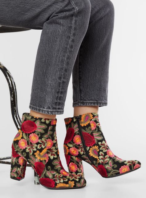 Women's fashion booties: high heeled embroidered shoes with floral pattern for fall and spring outfits | Buckle Mia Boots, Mia Shoes, Embroidered Shoes, Snakeskin Heels, Ankle Strap Shoes, Black Chelsea Boots, Shoe Fits, Womens Boots Ankle, Autumn Fashion Women