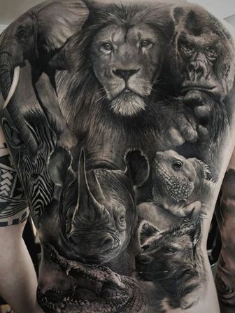 Jungle Back Tattoo Men, Safari Back Piece Tattoo, Wildlife Back Tattoo, Animal Collage Tattoo, Jungle Back Tattoo, Animal Family Tattoo, Jungle Animal Tattoos, Animal Back Tattoo, Jungle Tattoos