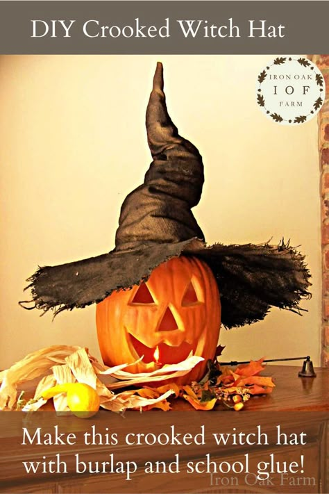 witch hat, burlap, pumpkin, fall decoration, autumn decoration, Jack-O-Lantern How To Make A Witch Hat Diy, Homemade Witches Hat, Witch Scarecrow Ideas, How To Make A Small Witches Hat, Fun Halloween Hat, Diy Witch Decor Halloween, How To Make A Scarecrow Hat, How To Make A Witches Hat, Diy Witch Hat Decoration