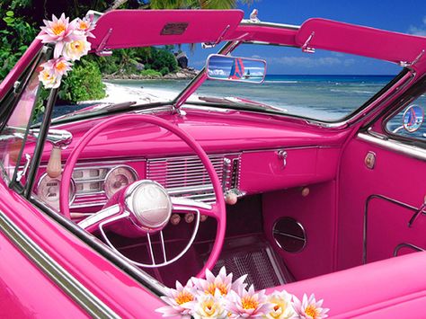 Pink Summer Aesthetic, Hot Pink Cars, Vintage Malibu, Car Pink, Pink Cars, Summer Car, Pink Convertible, Barbie Car, Coconut Dream