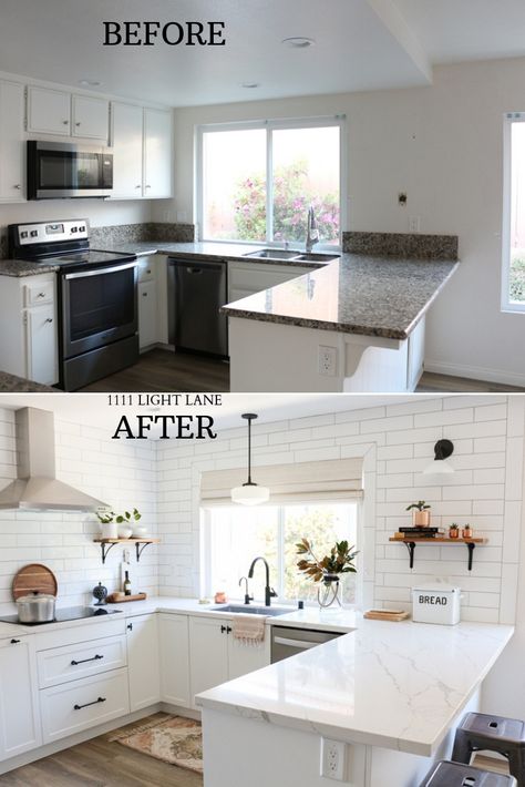 Semihandmade Kitchen, White Ikea Kitchen, Kitchen Hack, Kitchen Diy Makeover, Kabinet Dapur, Diy Kitchen Renovation, Kitchen Transformation, Classic Kitchen, After Pictures