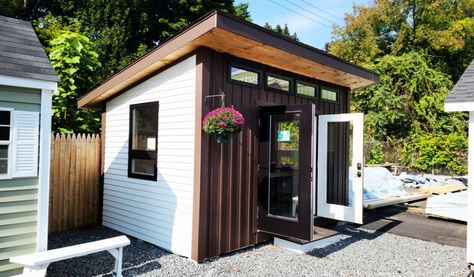 Modern She Shed Interior, Home Office Workout Room, Cave Classroom, Modern She Shed, Shed Office Interior, Shed Room Ideas, Reading Shed, Kiln Shed, Windsong Ranch