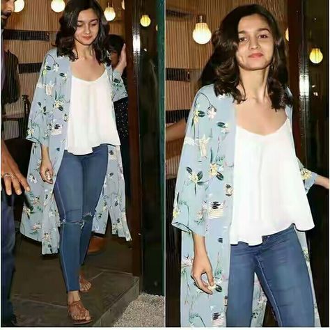 alia bhatt Jeans And Shrug Outfit, Kimono Shrug Outfit, Long Shrugs Outfit Casual, Long Shrugs Outfit, Shrugs With Jeans, Shrug Outfit Ideas, Aaliya Bhatt, How To Wear Kimono, How To Wear Flannels