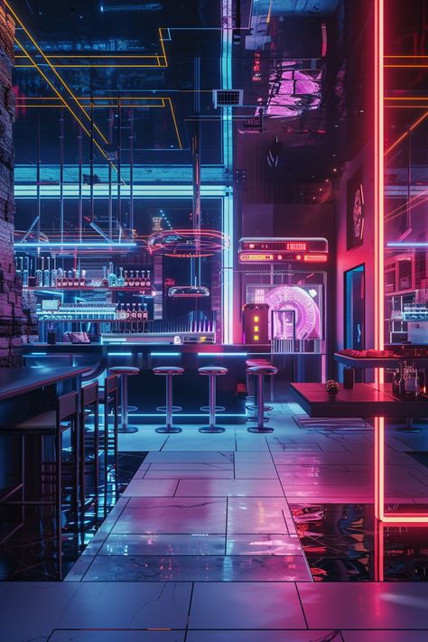 Discover how high-tech meets home design with innovative cyberpunk decor elements. Perfect for creating a bold, modern look. #HighTechDesign #ModernInteriors Neon Restaurant Interior, Cyberpunk House Interior, Cyberpunk Beach, Cyberpunk Cafe, Cyberpunk Bar, Cyberpunk Decor, Cyberpunk Interior Design, Cyberpunk House, Cyberpunk Interior