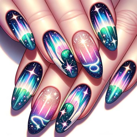 Outer Space Nails, Water Nails Design, Botanical Nails, Mystical Nails, Ombre Nails Pink, Nails Pink Glitter, Space Nail Art, Cherry Blossom Nails Art, Planet Nails