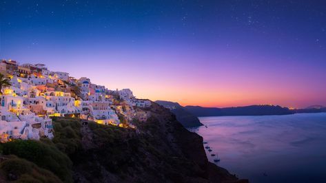 Man Made Santorini  Ocean Sea Greece House Town Sunset Twilight Wallpaper Greece Wallpaper Desktop, Twilight Wallpaper, Greece Wallpaper, Greece House, Rainbow Mural, Greece Sea, Fira Santorini, Santorini Sunset, Sea House