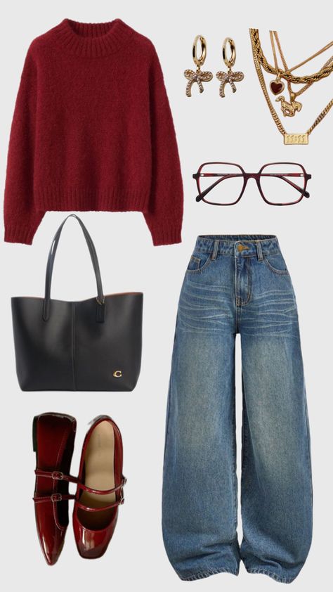 #outfitinspo#inspiration#falloutfit#burgundy Outfits With Burgundy Purse, Sunday Outfit Ideas Winter, Thrift Winter Outfits, Outfits Ideas Layout, Outfit With Red Sweater, Flats Winter Outfit, Maroon Shoes Outfit Women, Outfits With Red Mary Jane Shoes, Winter Outfits Burgundy