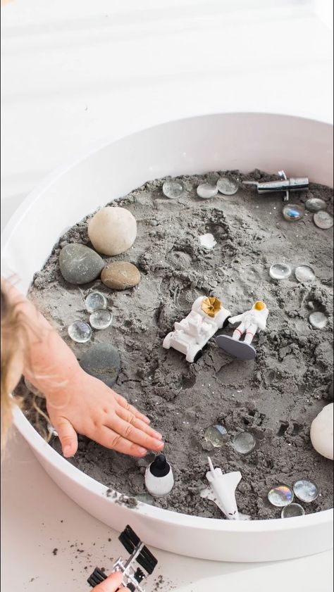 Moon Phases Montessori, Reggio Moon Activities, Night Sky Sensory Bin, Moon Provocation, Cosmic Education Montessori, Sensory Bin, Tuff Tray Ideas Toddlers, Moon Sand, Space Preschool