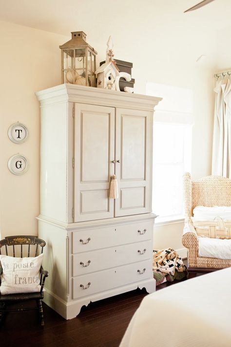 Armoir Decor Top Of Bedroom, Armoire In Hallway, How To Decorate Top Of Armoire In Bedroom, On Top Of Wardrobe Decor, Decor For Top Of Armoire, Wardrobe Top Decor, Top Of Armoire Decor Bedroom, Armoire Bedroom Ideas, Armoire Decor Top Of